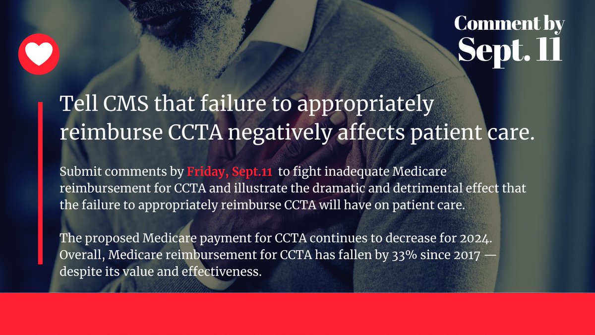 SCCT is strongly urging all members to act NOW: submit comments to @CMSGov by Sept 11 highlighting how failure to reimburse CCTA harms #patientcare. Don't miss your chance to make your voice heard! Learn more: ow.ly/VjbK50PskK0