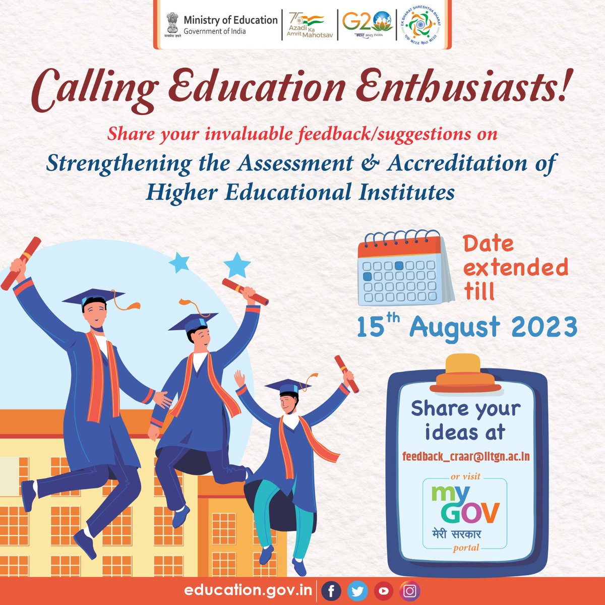 📌Join us in spearheading the movement to strengthen the Assessment &amp; Accreditation of Higher Educational Institutes. The draft report is available at the Ministry of Education website (education.gov.in). 

Please share your ideas and recommendations at