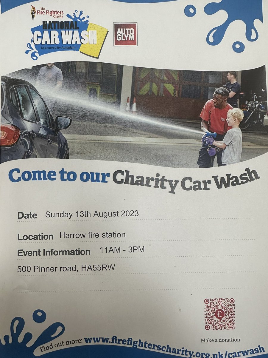 Spread the word! Sunday August 13th is charity car wash day at Harrow Fire Station, Pinner Road, HA5, in support of <a href="/firefighters999/">Fire Fighters Charity</a>, come and see us between 11am and 3pm and have your car washed by your local Firefighters and Fire Cadets, supported by <a href="/autoglym/">Autoglym</a> 
See you then!