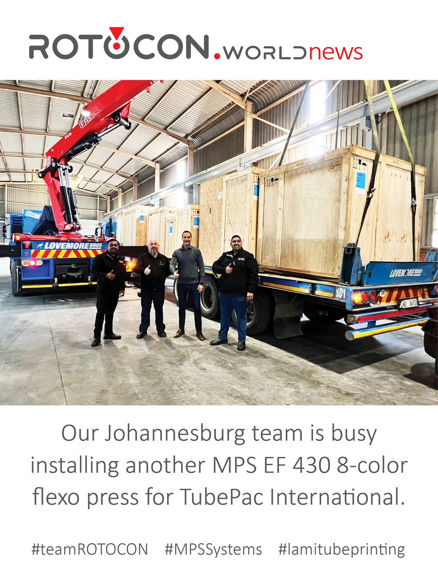 ROTOCON_'s tweet photo. ๐Our Johannesburg team is busy installing another MPS EF 430 8-color flexo press for TubePac International.
#teamROTOCON #MPSSystems #lamitubeprinting https://t.co/H4WGqeMvgZ