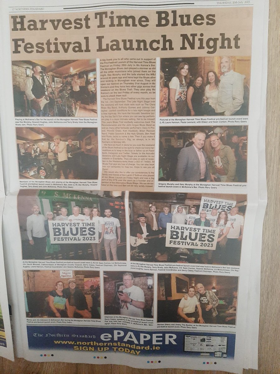 harvest_blues's tweet photo. A big thank you to Rory Geary and the Northern Standard for the spread on the Pre-Festival Launch Night in Mc Kenna's Bar Monaghan on 28th July 📷📷🩵📷
#htb2023 #htb #harvesttimeblues #bluesfestival #monaghan #northernstandard #localpaper #support #launchnight #bluesjam https://t.co/mNpn6qzIBt