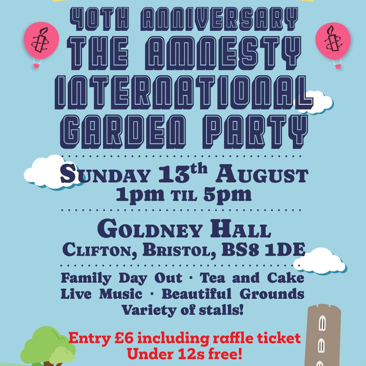 Join us Sunday at the beautiful grounds of Goldney Hall in Clifton for our special 40th annual Garden Party in aid of <a href="/AmnestyUK/">Amnesty UK</a> 

Tea, homemade cakes, live music, stalls, and family fun - raising money to stand up for #HumanRights around the world

#Bristol #fundraiser