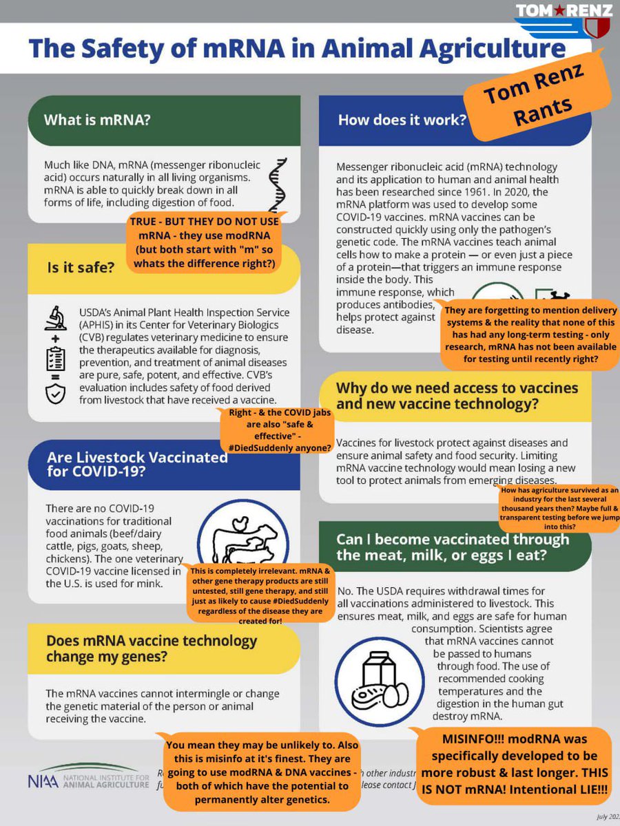 The #NIAA has been sharing this misinformation/outright lie with elected officials &amp; farmers. Understand #mRNA CAN be legally used in ORGANIC labeled food under current guidelines. Also know they are lying about mRNA which is almost always lab modified to #modRNA ) both start