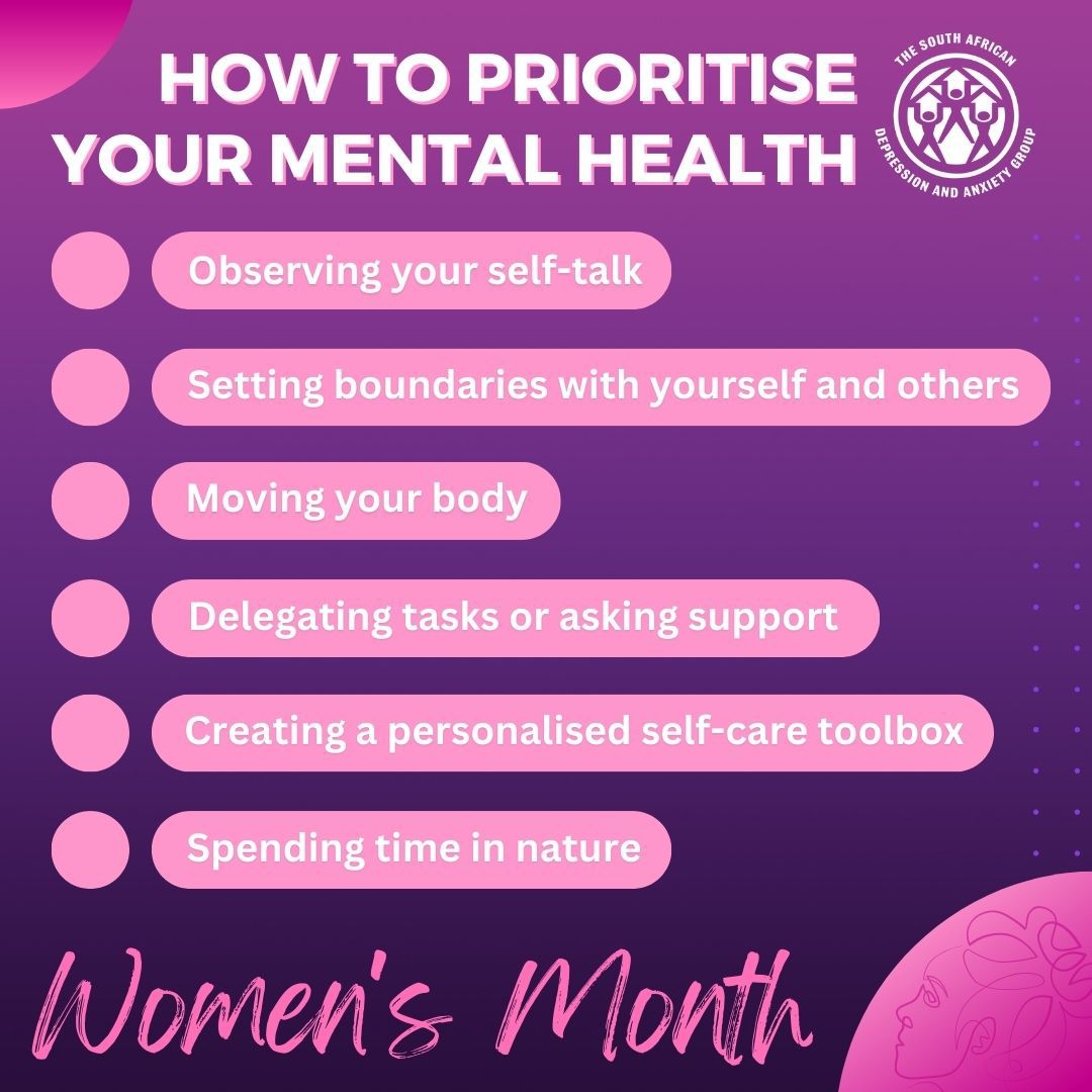 TheSADAG's tweet photo. 🧠💖 In a world where Women wear so many hats and juggle countless responsibilities, taking care of one’s  Mental Health as a Woman becomes so important. This Women's Month, let's remember that self-care isn't selfish – it's a powerful act of self-love and resilience. ⬇️ https://t.co/HprwUQPNUs