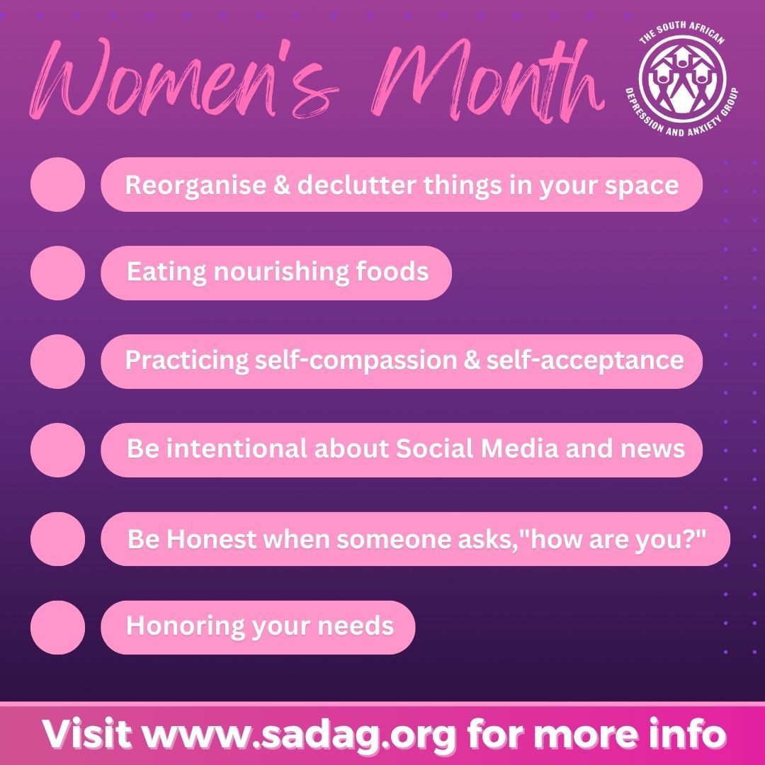TheSADAG's tweet photo. 🧠💖 In a world where Women wear so many hats and juggle countless responsibilities, taking care of one’s  Mental Health as a Woman becomes so important. This Women's Month, let's remember that self-care isn't selfish – it's a powerful act of self-love and resilience. ⬇️ https://t.co/HprwUQPNUs