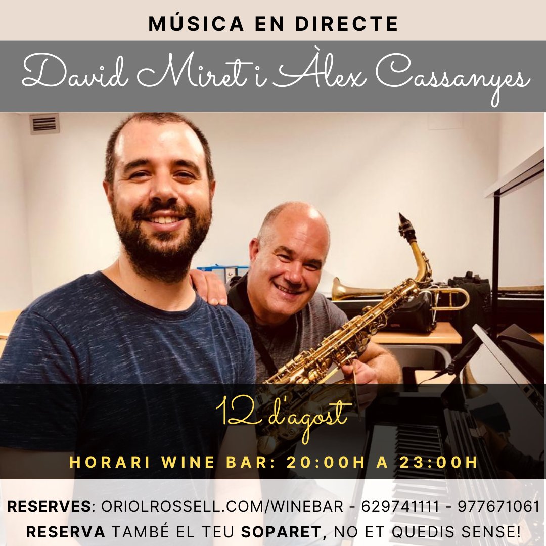 Aquest dissabte 12 d'agost MÚSICA EN DIRECTE al #winegardenoriolrossell amb el David Miret i l'Àlex Cassanyes. 

Per als que volgueu fer un petit mos, teniu l'opció de RESERVAR PRÈVIAMENT EL SOPARET (30€/persona) 

Feu la vostra reserva a oriolrossell.com/winebar