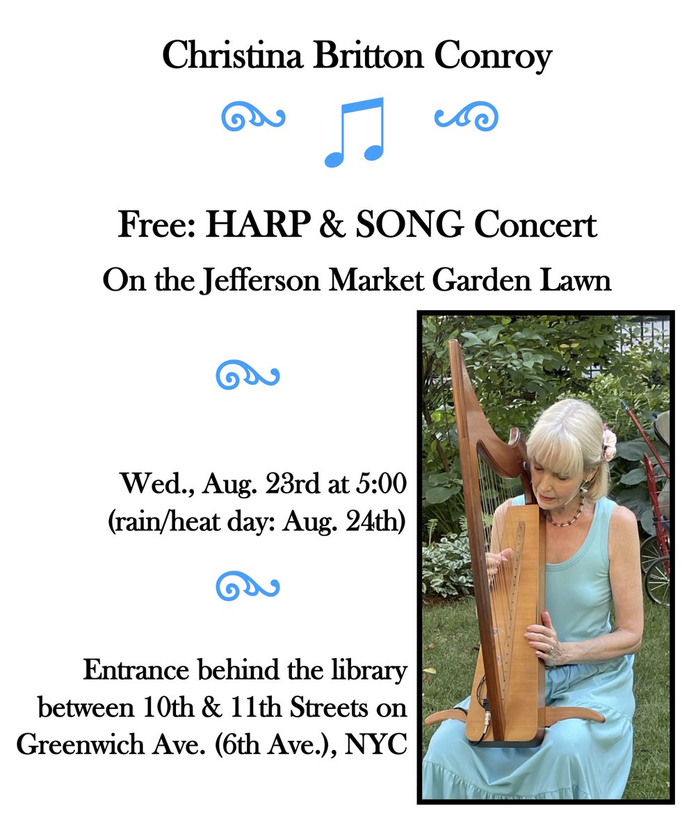 NYCers know this garden lawn is gorgeous. Please consider bringing a chair or blanket. #folkmusic #celticharp #irishharp #Victorian #Elizabethan #NYC #Greenwichvillage