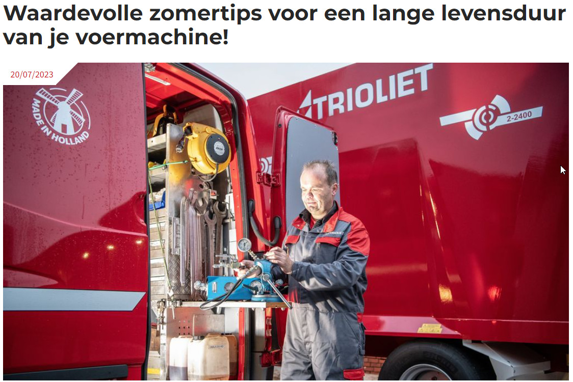 Juli 2023 zal de boeken ingaan als de warmste maand☀️ooit wereldwijd gemeten. Wist je dat voermachines ook last kunnen hebben van de hitte? Bekijk 10 waardevolle Trioliet zomertips en verleng de levensduur van je voermachine. bitly.ws/Rkpv