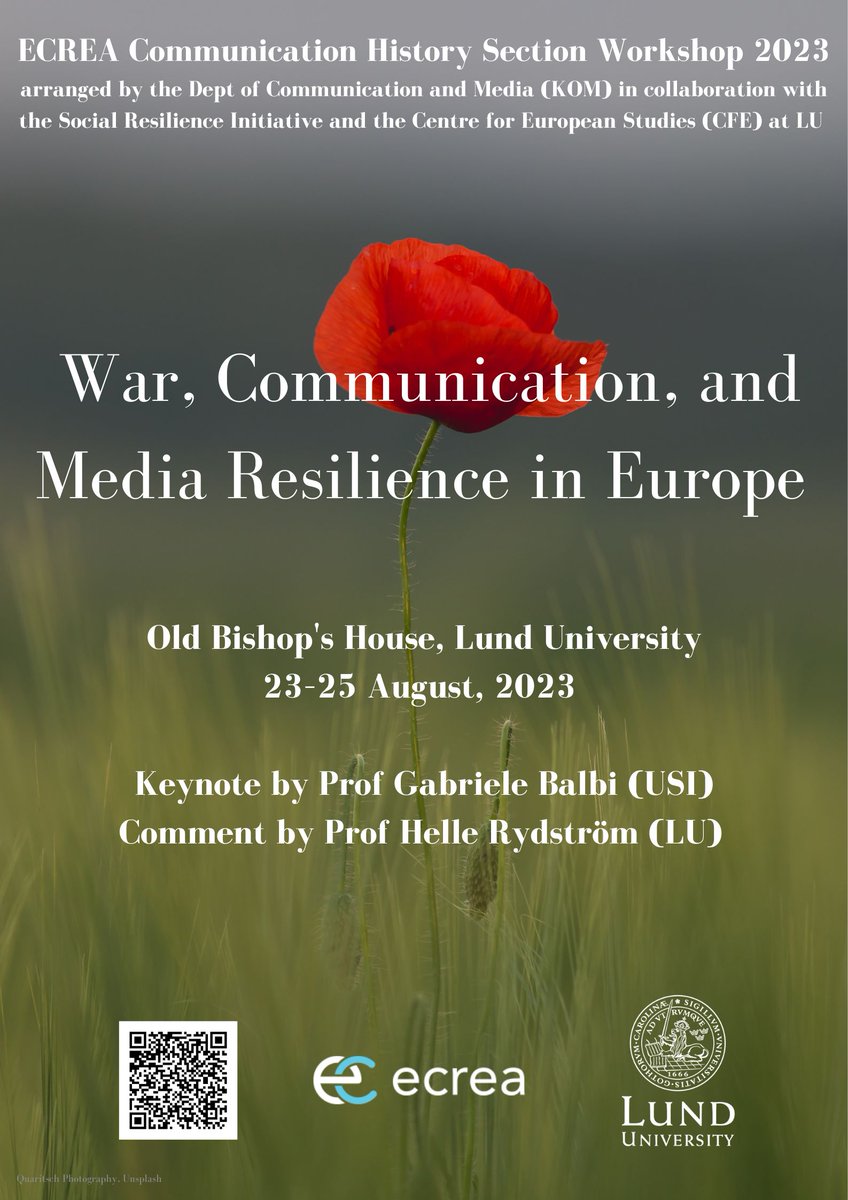 Marie Cronqvist (@atommarie) on Twitter photo Our <a href="/COHEcrea/">ECREA Communication History Section</a> workshop 2023 on "War, Communication and Media Resilience in Europe" is approaching 23-25 Aug <a href="/lunduniversity/">Lund University</a>! On the first day, a keynote by <a href="/gabriele_balbi/">Gabriele Balbi</a> on #media and #war and comment by Helle Rydström on #socialresilience. Our <a href="/COHEcrea/">ECREA Communication History Section</a> workshop 2023 on "War, Communication and Media Resilience in Europe" is approaching 23-25 Aug <a href="/lunduniversity/">Lund University</a>! On the first day, a keynote by <a href="/gabriele_balbi/">Gabriele Balbi</a> on #media and #war and comment by Helle Rydström on #socialresilience.