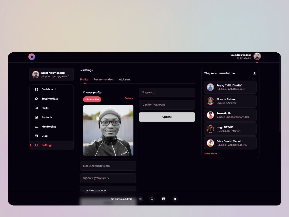 I'm excited 🥳🎊🚀 to announce that the administration website of my portfolio is now live: oreolnoumodong.xyz.

Default login credentials my brothers🔐:

Email: test@nooutidev.com
password: tsx

#learner #nextjs #typescript #mongodb #expressjs #keephelpingothers