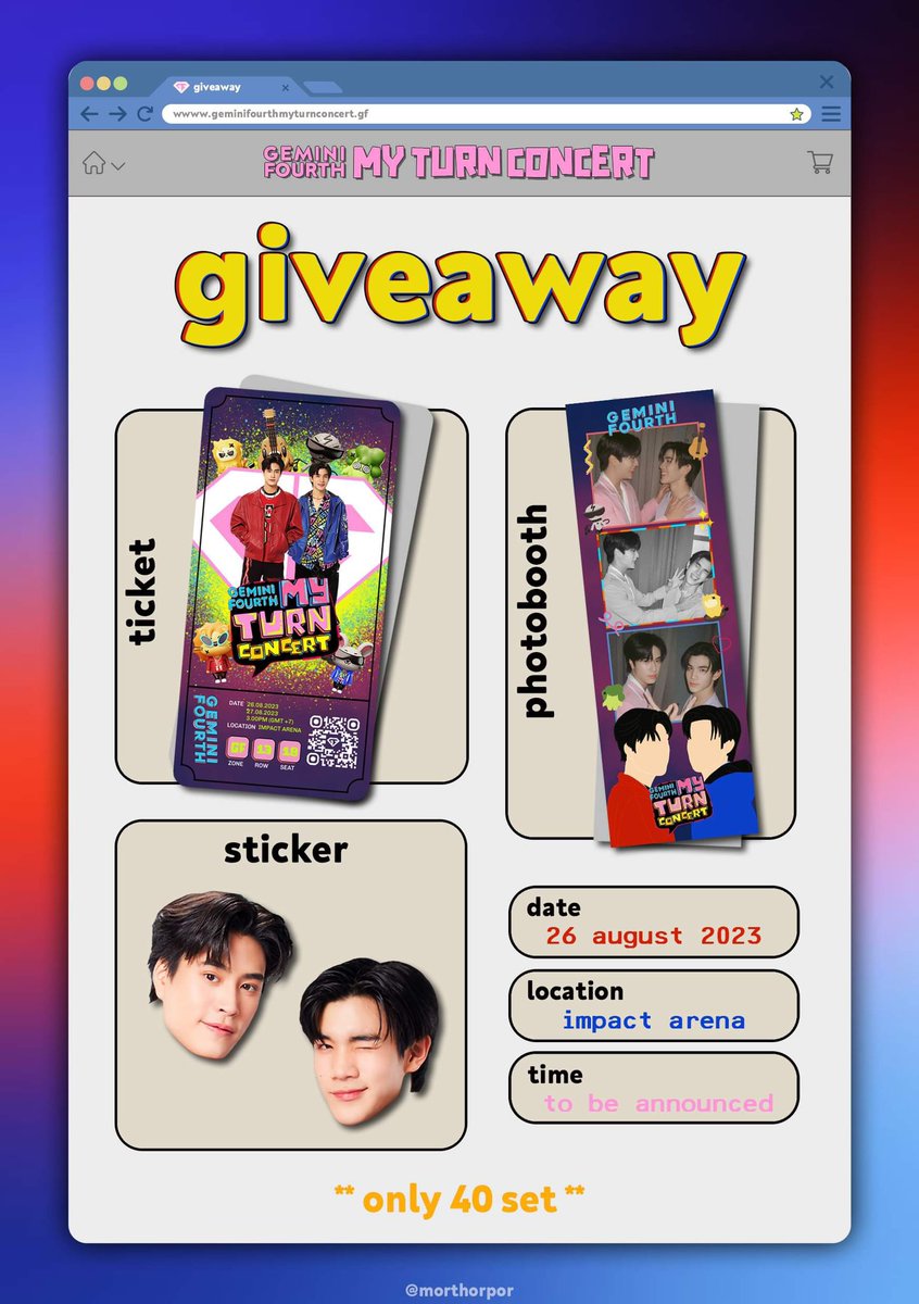morthorpor's tweet photo. *•♡ ꒰ 𝙜𝙞𝙫𝙚𝙖𝙬𝙖𝙮 ꒱ ♡•*

𝐆𝐄𝐌𝐈𝐍𝐈𝐅𝐎𝐔𝐑𝐓𝐇 𝐌𝐘 𝐓𝐔𝐑𝐍 𝐂𝐎𝐍𝐂𝐄𝐑𝐓

** only 40 set **

1 set/person
⇢ ticket
⇢ photo booth
⇢ sticker

📅 : 26 august 2023
📍 : impact arena
🕙 : tba

▹ retweet &amp; show this tweet ◃

#GeminiFourthConcert https://t.co/jeasZx68VT