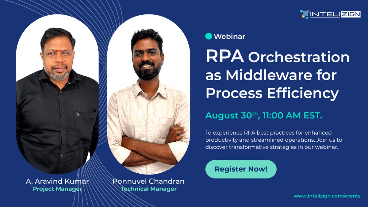 intelizign1's tweet photo. Exciting Webinar Alert: RPA Orchestration as Middleware for Process Efficiency.

🗓️ August 30th, 11:00 AM EST.

Registration Link - https://t.co/gZQ6Ai2TyB

#RPA #Webinar #Efficiency #OperationalExcellence #Productivity #DigitalTransformation #Intelitalk #Intelizign https://t.co/B7keSHqJz7