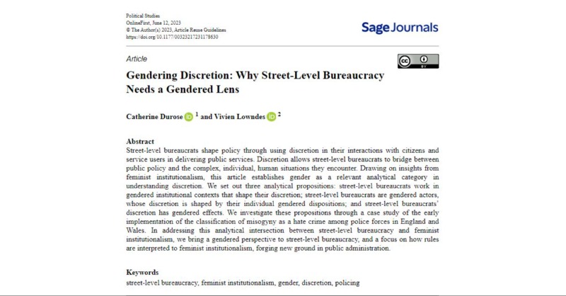 OPEN ACCESS: Gendering Discretion - @ProfCatDurose & @vivienlowndes examine why street-level bureaucracy needs a gendered lens. Read in @PolStudies: journals.sagepub.com/doi/full/10.11… @PolStudiesAssoc @SAGECQPolitics #polsci #feminist #gender