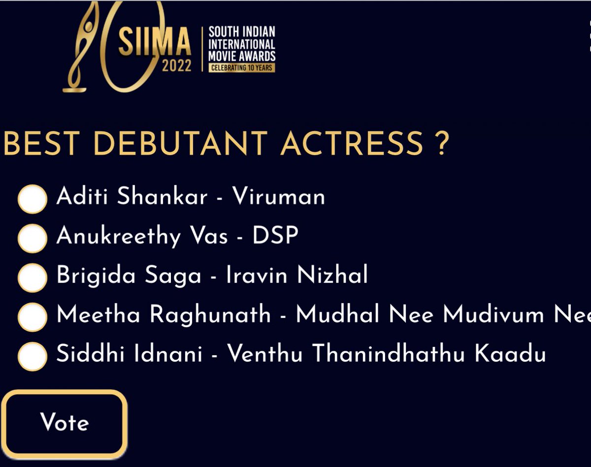 Extremely humbled to be nominated for the best debut actress. #VendhuThanindhathuKaadu was a dream debut. And I’m forever grateful to have been a part of the film. 

If you enjoyed the performance then please do vote on the link below. Thank you 🥰💜 
- Paavai 🤍…