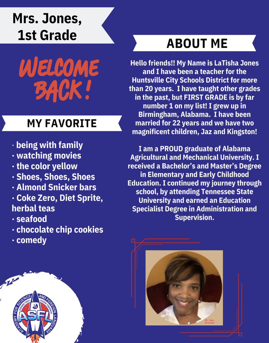 Meet Mrs. Jones, one of our fantastic 1st grade teachers! <a href="/ASFLptsa/">ASFL PTA</a> <a href="/HSVk12/">Huntsville City Schools</a> @HSVMagnet #meettheteacher