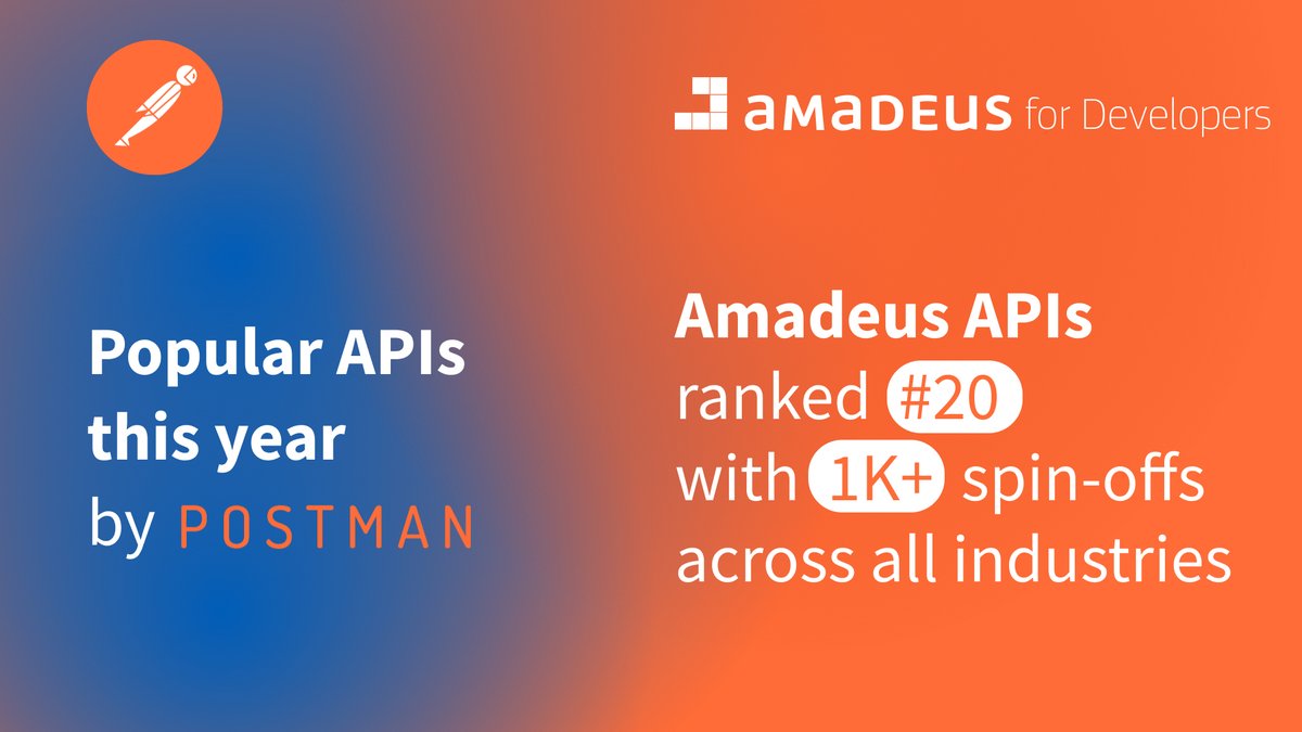 amadeus4dev's tweet photo. Amadeus for Developers has been ranked #20 (+1 from last year) with #1K+ Spin-offs (x2 from last year) and considered as the one of the most #popular APIs this year by @getpostman of ALL industries, not just #Travel

#amadeus4developers #renewtravel #amadeusAPI #amadeusbookingdev https://t.co/TUSbFRUIAS