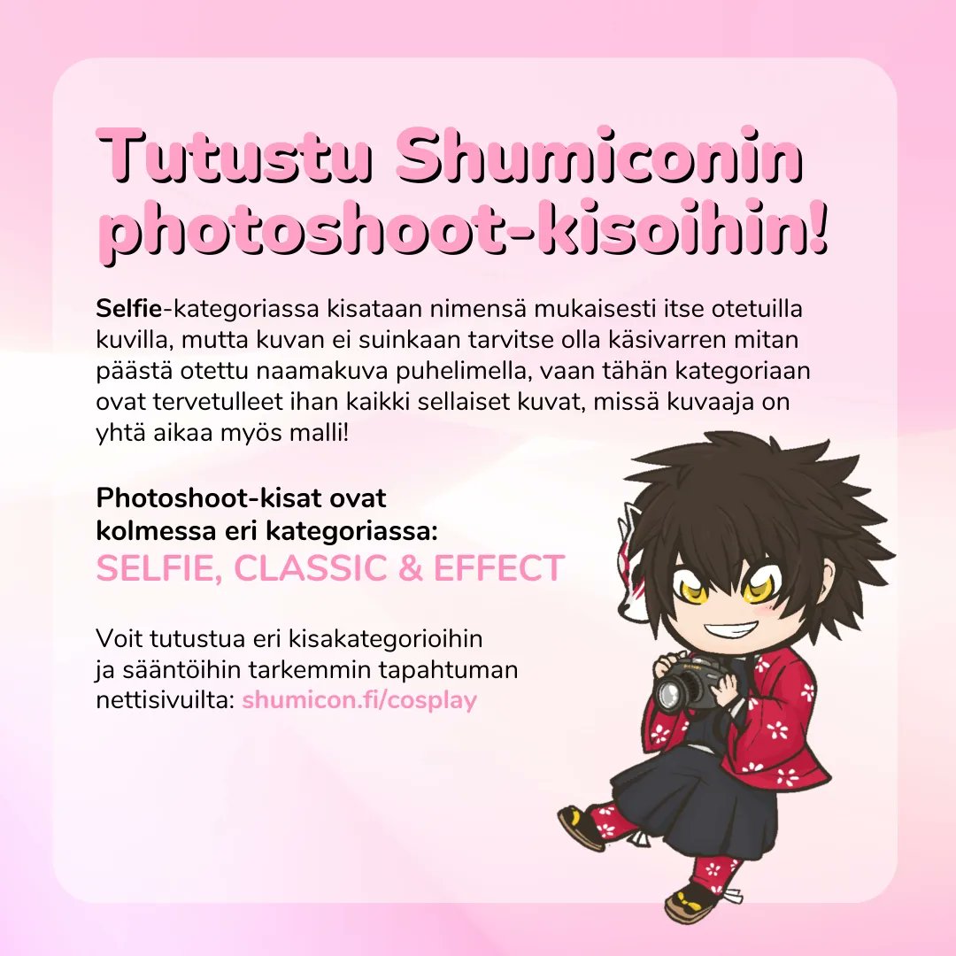 shumiconfin's tweet photo. Shumiconin photoshoot-kisakategoriat esittelyssä!
Mitkä ihmeen Classic, Selfie ja Effect? 👀
Tutustu nettisivuilla kisakategorioihin ja ilmoittaudu mukaan photoshoot-kilpailuihin:
https://t.co/UNF5QY8fHN… ✨
#shumicon #shumiconfin #photoshootkisa #suomenconit #conit https://t.co/mUYg2JuKjB