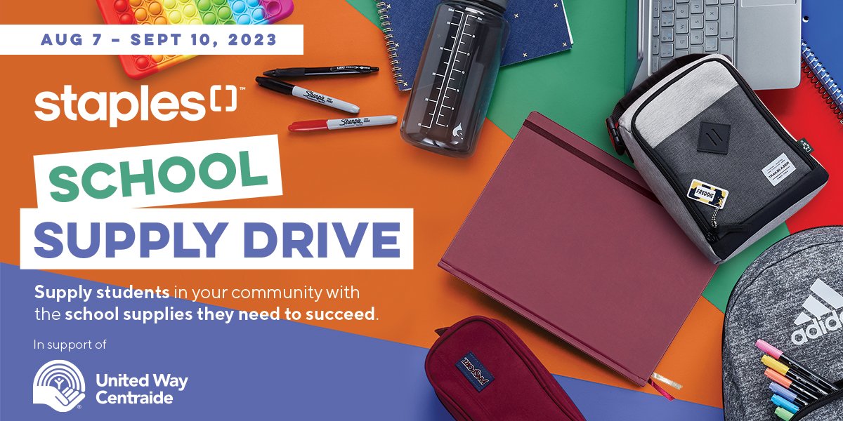 The Annual Staples School Supply Drive is back! #Donations made in the our region will be allocated to our United Way to purchase school supplies for #childen in need in our local #community. To learn more: bit.ly/43Z6lQb

#staplesschoolsupplydrive
#unitedwaycentraide