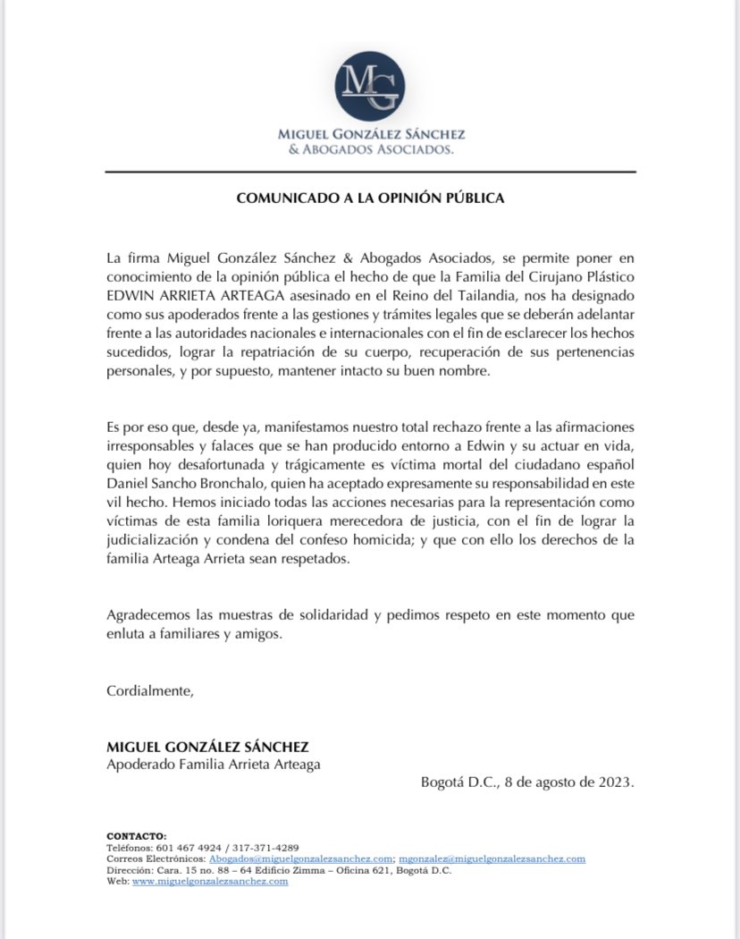 MigueGonzalez28's tweet photo. Comunicado a la opinión pública sobre la representación jurídica de la familia del Cirujano Plástico Edwin Arrieta.

@RevistaSemana 
@BluRadioCo 
@elespectador 
@_RevistaCambio 
@ELTIEMPO 
@rcnradio 
@NoticiasCaracol 
@NoticiasRCN 
@CaracolRadio 
@WRadioColombia 
@lafm. https://t.co/pB7V7dK6IH