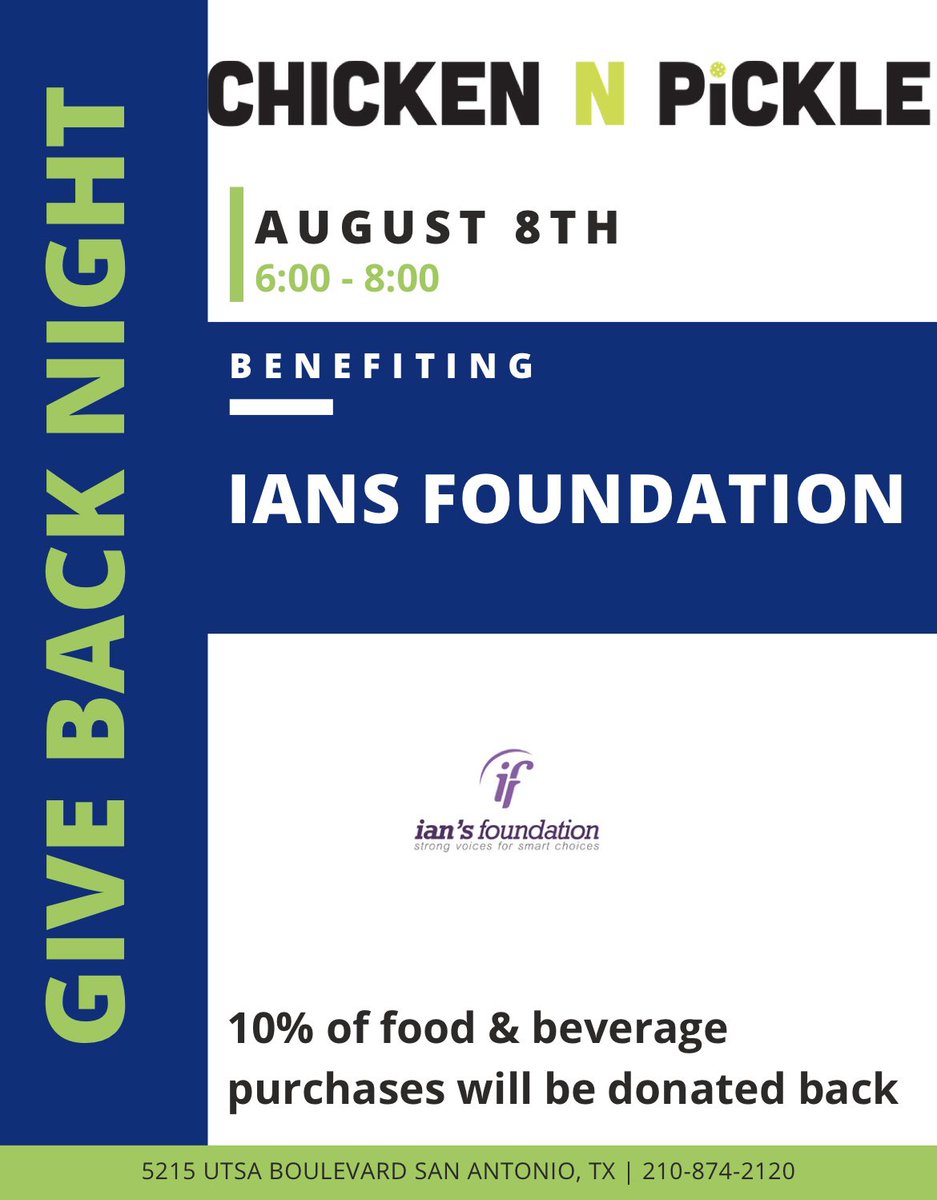 TONIGHT is give back night!! Chicken N Pickle Tues Aug 8th from 6-8PM! 10% of all food and beverage purchases will be donated to Ian’s Foundation. Join us for an end of summer fun night out and help put a helmet on a child!