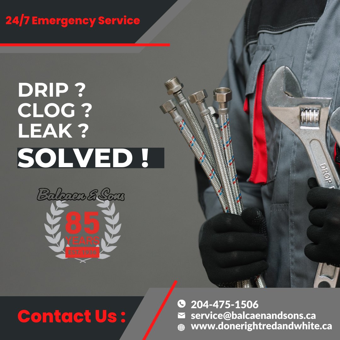 We offer 24/7 emergency service for everything from heating, cooling and plumbing! If you have an emergency, call 204-475-1506 for 85 years of expertise! #balcaenandsons #winnipeg #plumbing #heating #cooling #doneright #draincleaning #waterheaters #indoorairquality