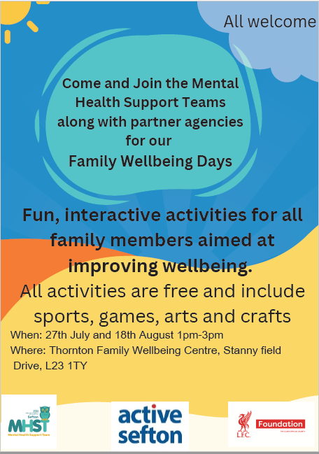 Come along to our Family Wellbeing Day at Thornton Family Wellbeing Centre on Friday 18th August 1-3pm. Expect lots of fun, wellbeing activities and freebies!🌞🎈