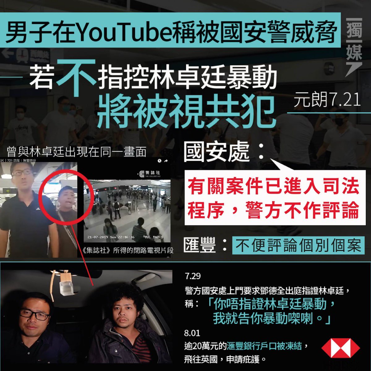 inmediahk's tweet photo. 男子稱被國安警威脅 若不指證林卓廷將被視暴動共犯 警方：不評論
https://t.co/H1mqMSRK0K https://t.co/gbLs7VYRus