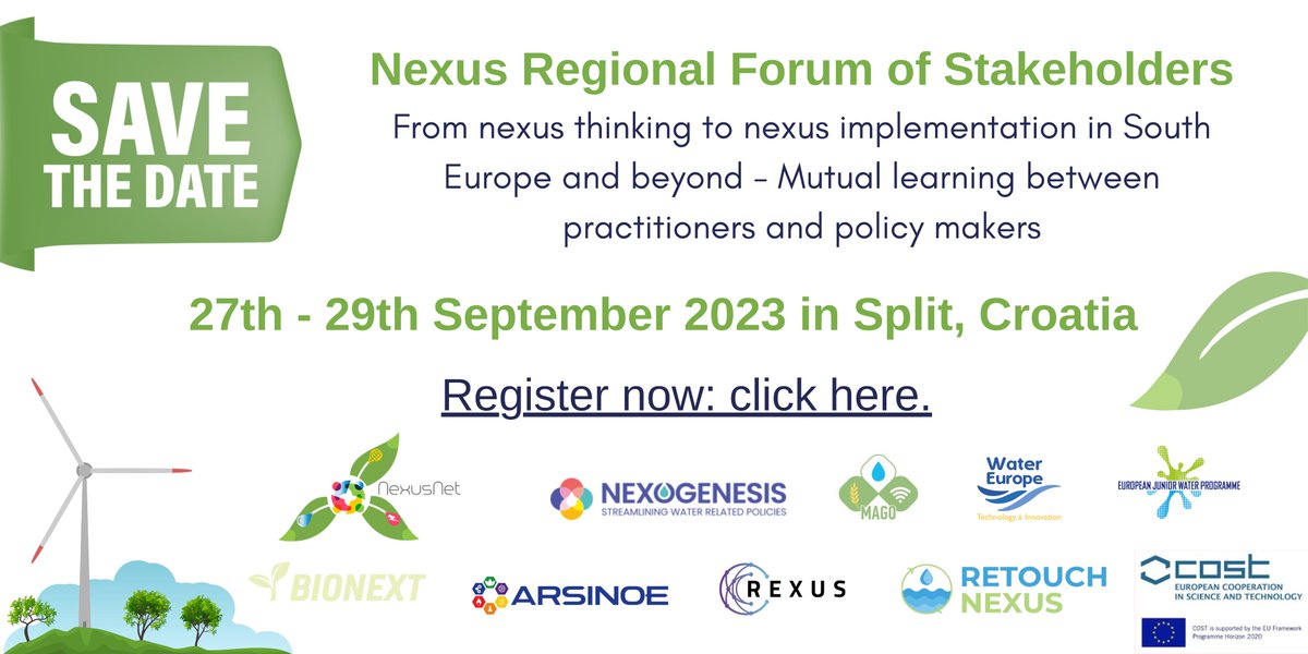 🗓Save the date for the Multi-event “#Nexus Regional Forum of Stakeholders – From nexus thinking to nexus implementation in South 🇪🇺 &amp; beyond: Mutual learning between practitioners &amp; policymakers” is coming up Sept. 27-29 in Split, Croatia.

More info: buff.ly/45lnGE0