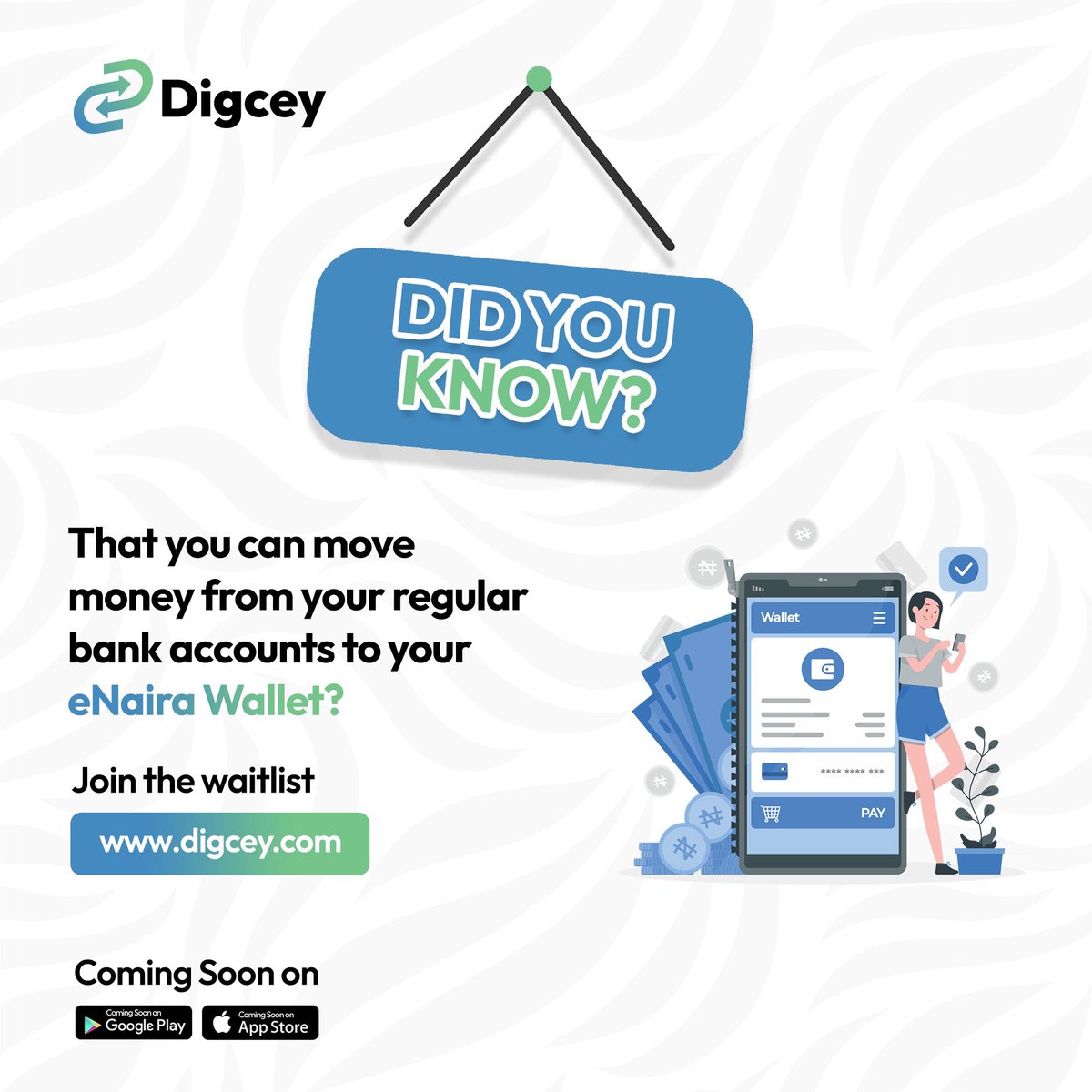 digceyapp's tweet image. Did you know you can seamlessly transfer funds from your regular bank accounts straight to your eNaira Wallet with Digcey?🤩

 #Enairawallet #SeamlessTransfers