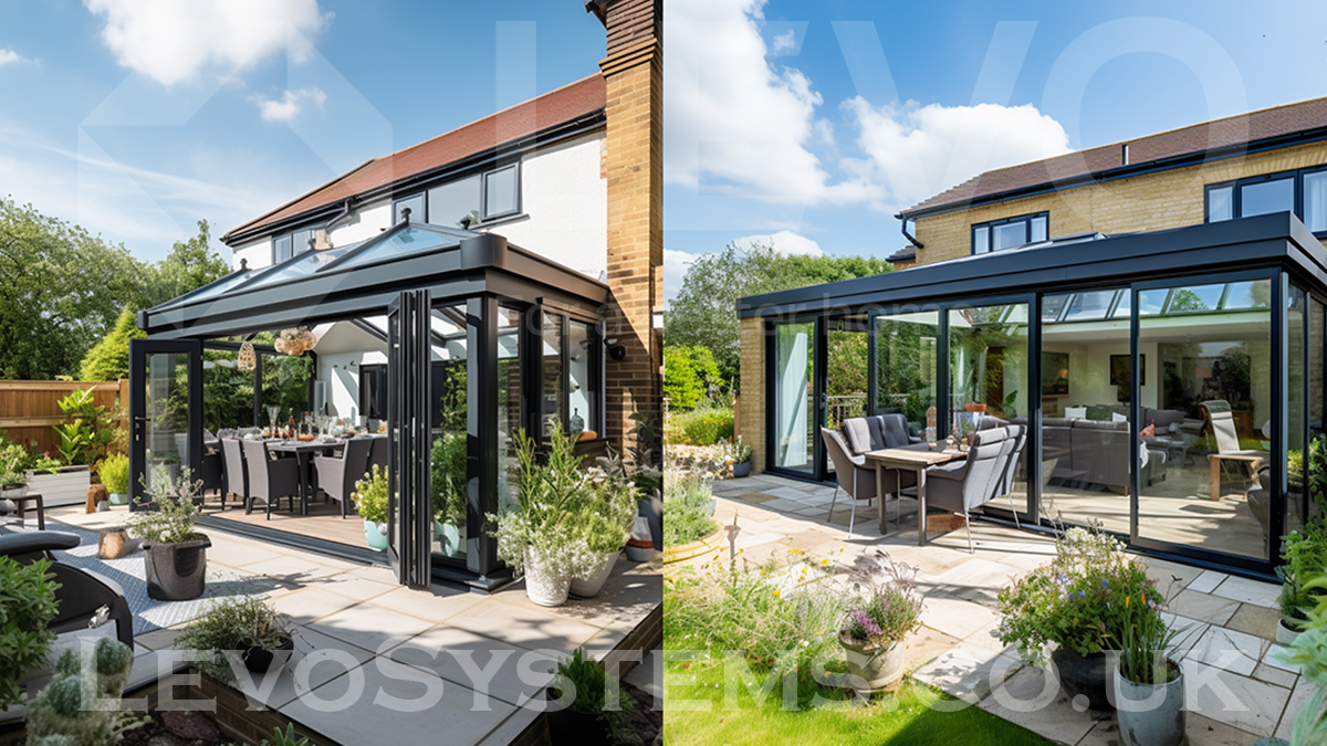 Add a touch of elegance and natural light to your ground floor extension or orangery building project with bifolds, sliding doors, glass roofs and skylights. #LevoSystems #DreamHomeConstruction #FlatRoofs #GlassRoofs #GlassDoors #ForABetterHome
