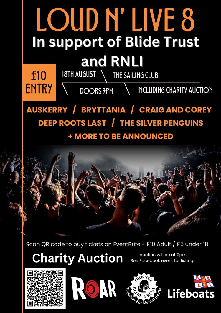 This year on Friday 18 August we will be performing at the ROAR Loud N' Live charity event again, at Orkney Sailing Club in Kirkwall.

Bryttania will be taking the stage at around 22:15, and will be raising money for the @RNLI and @BlideTrust. 

See ya there! 🤘
#bryttania