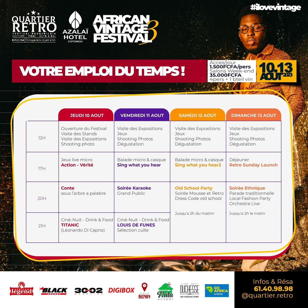 No_Limit229's tweet photo. Le Programme du #QuartierRetro
Du 10 au 13 Août à Azalaï Hotel.
Préparez-vous pour un très long Week-end.✨ https://t.co/hybKtKsgbB