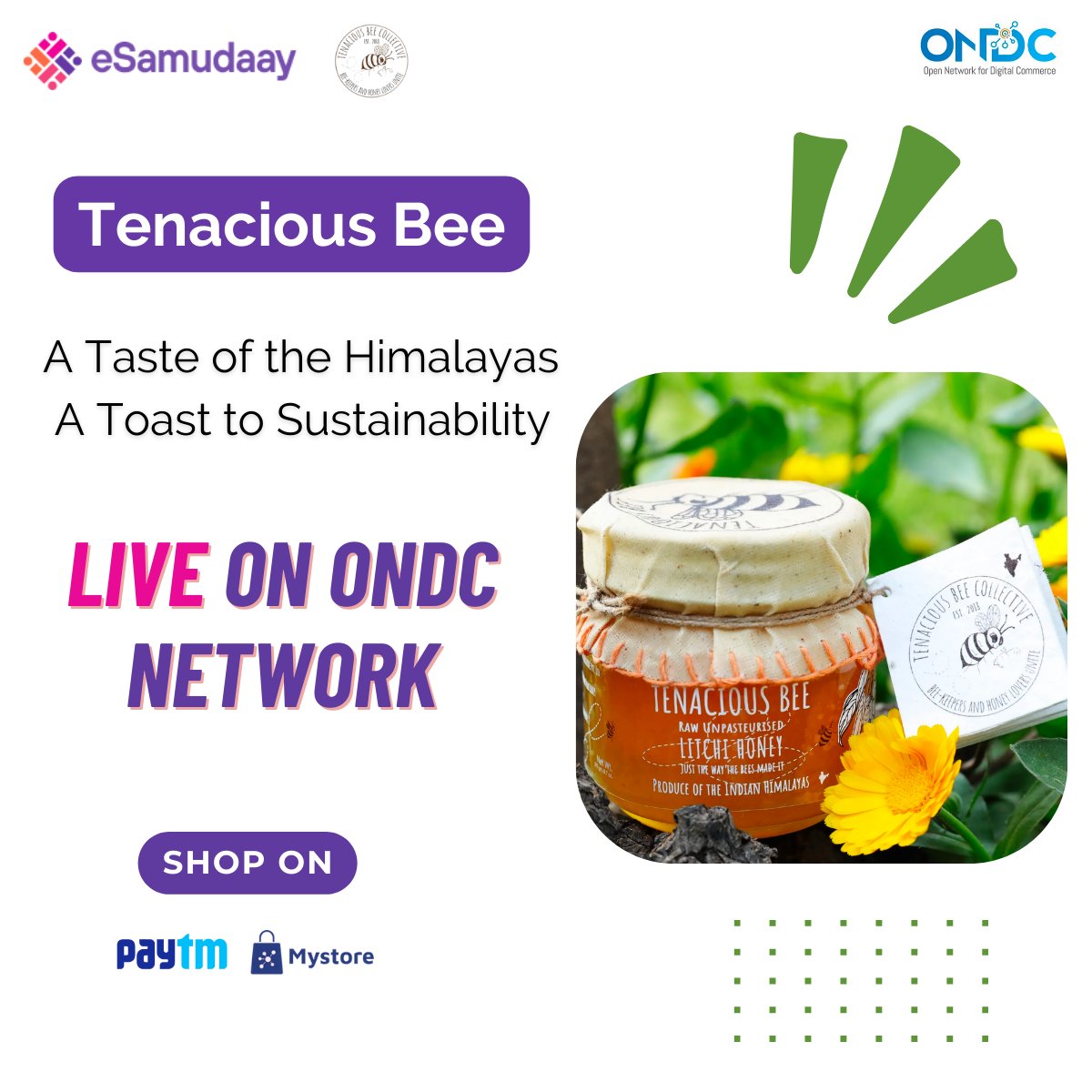 e_samudaay's tweet photo. We're buzzing with excitement!🐝 eSamudaay is proud to welcome TenaciousBee to the ONDC Network. Experience the sweetness of raw, unpasteurized Himalayan honey and join us in supporting sustainable beekeeping practices.
#eSamudaay #TenaciousBee #SustainableHoney #ONDC https://t.co/jpGbSdSCaU