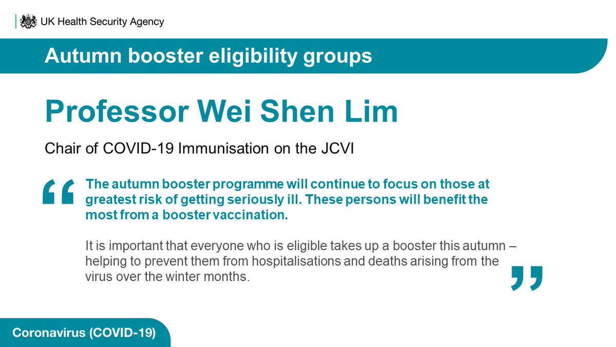 The Joint Committee for Vaccination and Immunisation (JCVI) has announced its advice regarding who will be eligible for a #COVID19 booster vaccine this autumn. More info: gov.uk/government/new…

Prof Wei Shen Lim, said on the announcement 🔽