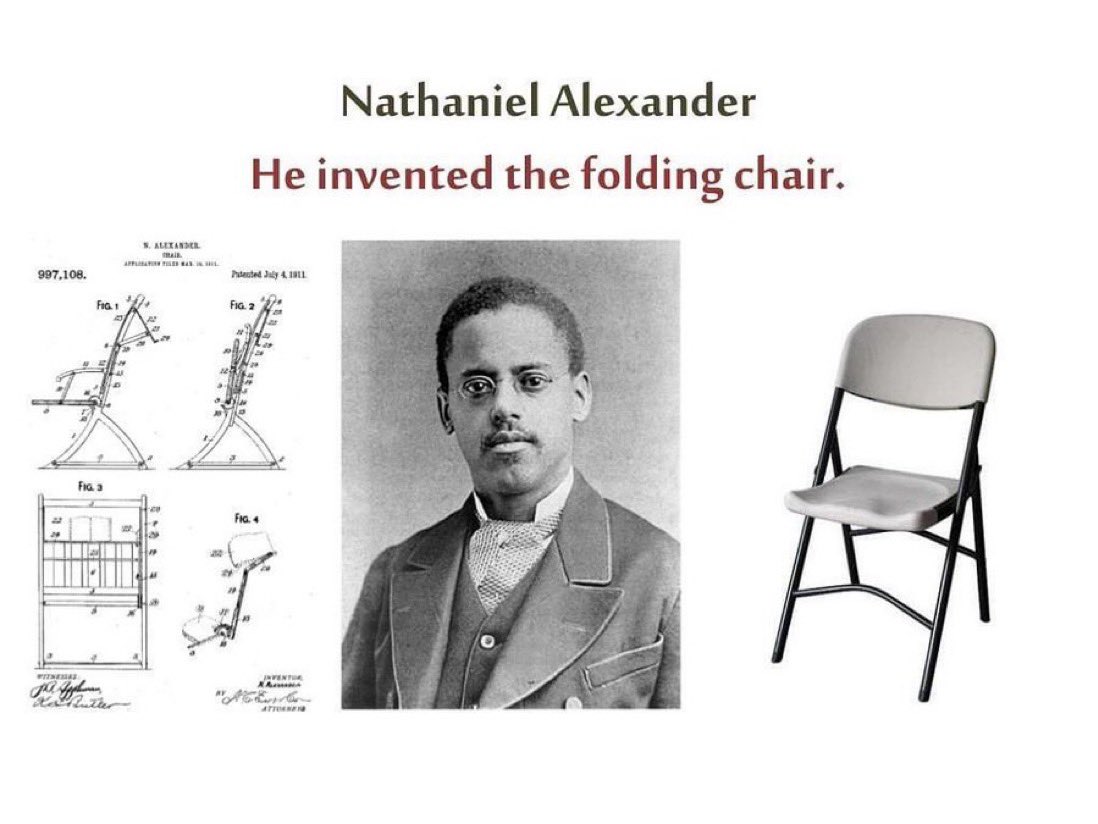 Speaking of the “Montgomery Pier assault and rescue”…..

Just a reminder that the folding chair is a product of Black ingenuity.

It was invented and patented by Black inventor and businessman Nathaniel Alexander in 1911.