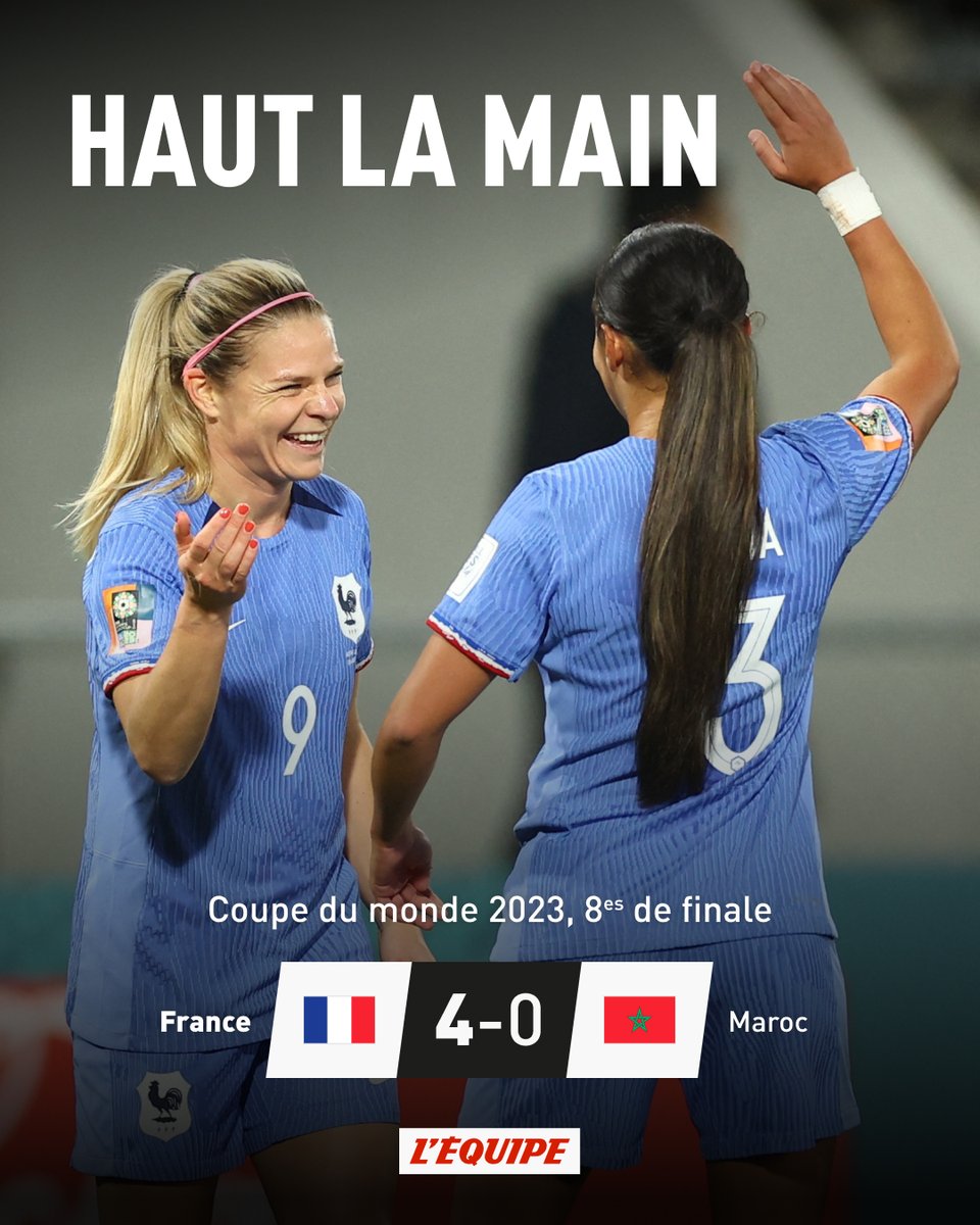 lequipe's tweet photo. Supérieure dans tous les domaines, l'équipe de France a largement dominé le Maroc (4-0), en huitièmes de finale de la Coupe du monde. Elle affrontera l'Australie, en quarts, samedi prochain. https://t.co/KqLbUvkYef #FRAMAR https://t.co/STatZT7KBf