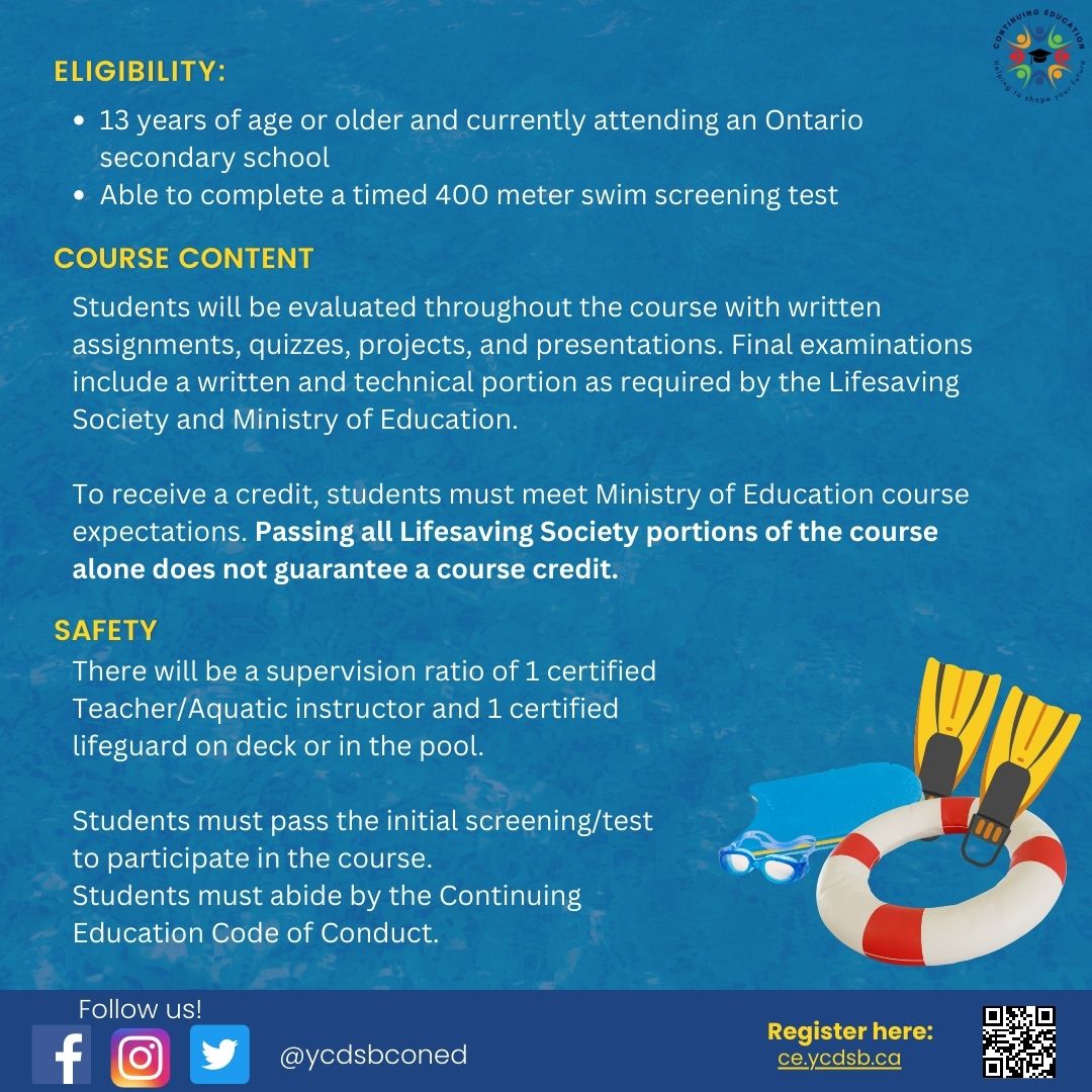 Are you a secondary student who has taken an interest in receiving the Life Saving Society's certifications? Through YCDSB, you can do so AND earn a credit towards your high school diploma. It's never been easier! Take advantage of this opportunity and register today📲