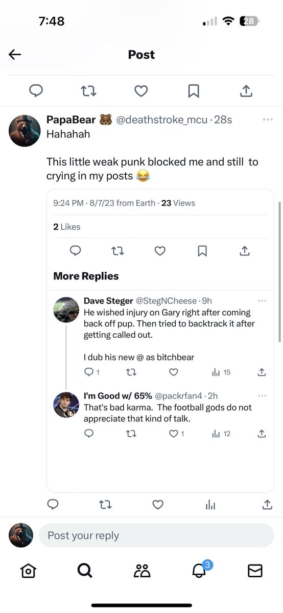 deathstroke_mcu's tweet photo. @StegNCheese Hahahah you blocked me and here you are on my page commenting to my followers. While my ass is blocked . You Crying bitch boy  talking to yourself on here 

No one’s commenting on your shit so you come to my page…. Pathetic pipsqueak packer you my BITCH BOY PACKER https://t.co/oxIfgOXb76