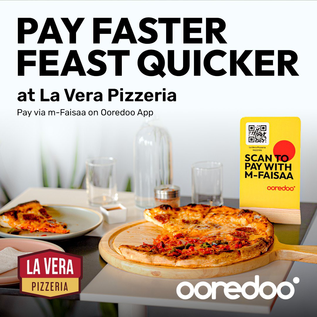 Indulge in your favorite pizza at <a href="/laverapizzeria/">La Vera Pizzeria 🍕</a> and make easy payments via m-Faisaa with just a tap!

 ✨To register to m-Faisaa, download Ooredoo App: ore.do/mf
