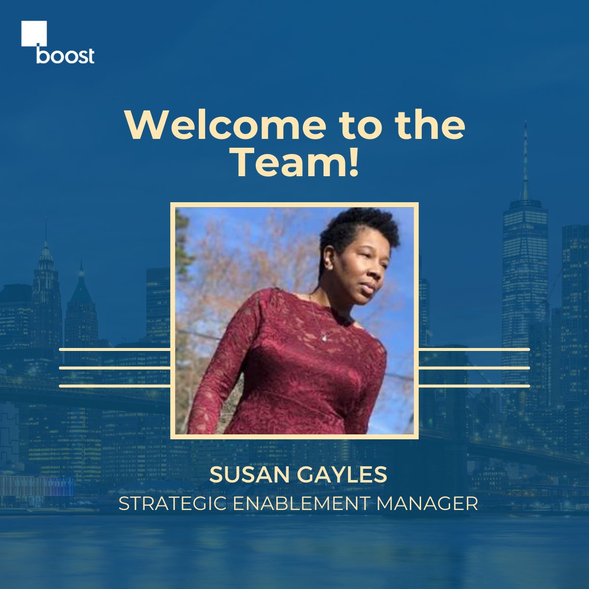 Introducing our newest member of the Boost team, Susan Gayles! 

Susan comes to Boost as our Strategic Enablement Manager, having over 30+ years of experience as a sales professional with a wealth of diverse experience in technology. Welcome to the team, Susan!