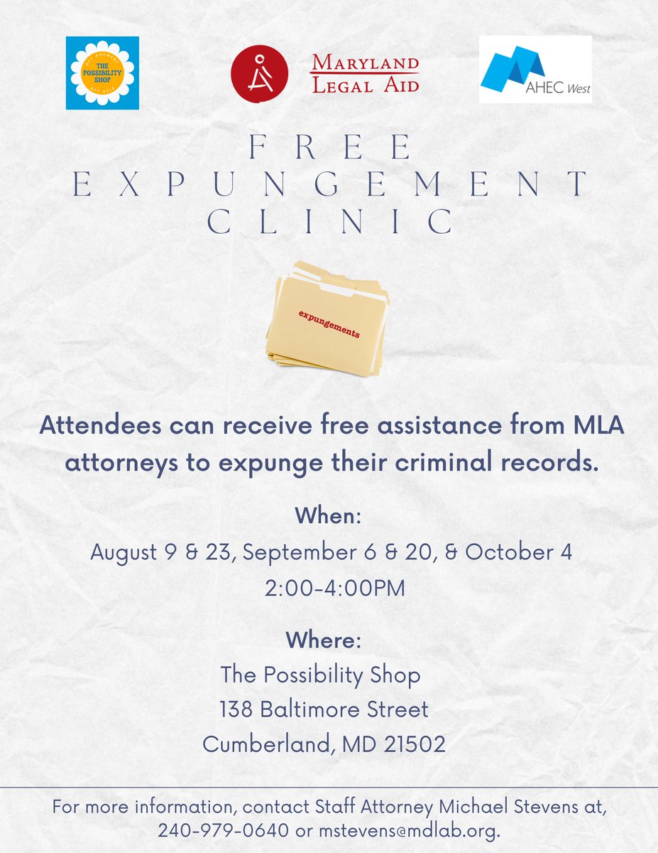 MDLegalAid's tweet photo. Join Staff #Attorney Michael Stevens tomorrow, 8/9, at the Possibility Shop for a #free #expungement clinic starting at 2PM! #MarylandLegalAid #Expungements https://t.co/9qGptbetXk
