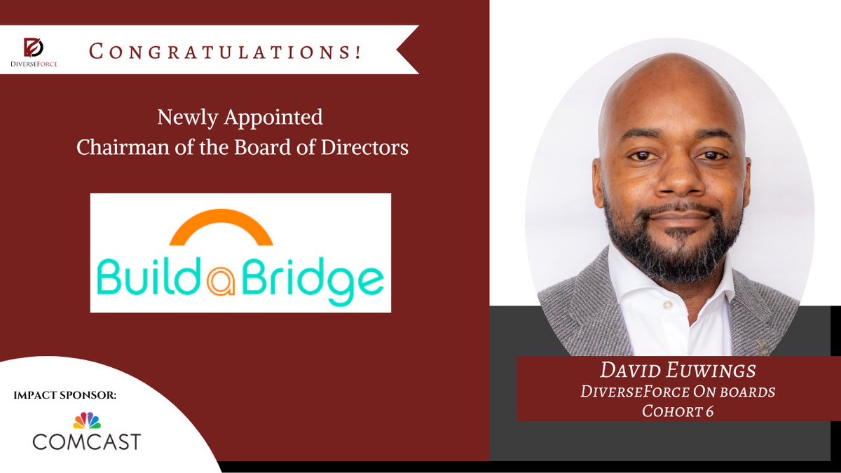 Huge congratulations to David Euwings, an alumnus of our @DiverseForce On Boards Cohort 6, for becoming the new Chairman of the Board of Directors for BuildaBridge International (@BuildaBridge1). #diverseforce, #diverseforceonboards