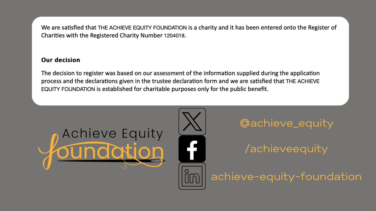 It's finally happened! 🤩 The Achieve Equity Foundation is now officially a registered charity!!!

We would love for you to follow and share our social media links to help us spread the word.

Keep your eyes peeled for more updates about the foundation coming very soon!!
