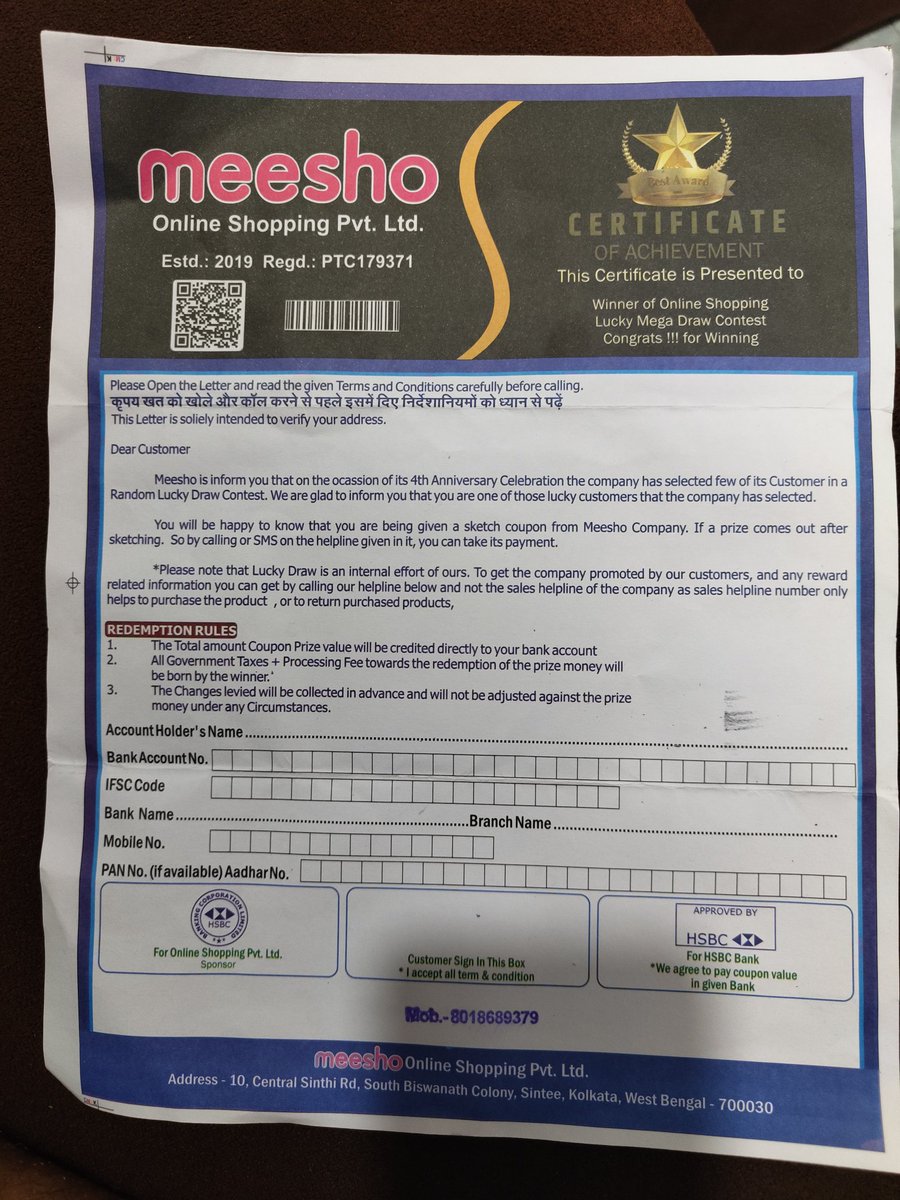 BaddyIrfan's tweet photo. @Meesho_Official my aunt just received below letter stating that she has won a big prize money, can you please look into this.. https://t.co/QEShqnU8T9