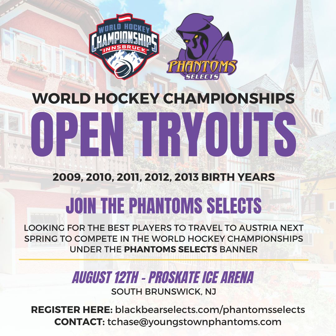 Get the chance to represent at the 2024 World Hockey Championships in Innsbruck, Austria next spring under the @phantomsselects banner! Tryouts are being held August 12th @proskateicearena for 2009- 2013 birth years

Register at blackbearselects.com/phantomsselect…