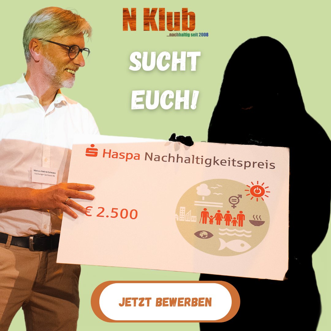 Jetzt bewerben für den “Haspa Nachhaltigkeitspreis” in Höhe von 2.500 €!📩

Gemeinsam mit der <a href="/HaspaNews/">HaspaNews @Hamburger Sparkasse</a> zeichnen wir Projekte aus, die sich für eine nachhaltige Zukunft engagieren. 

Mitmachen oder Teilen💡

Zur Bewerbung:
nklub.de/nachhaltigkeit…
Teilnahmeschluss: 18.08.2023