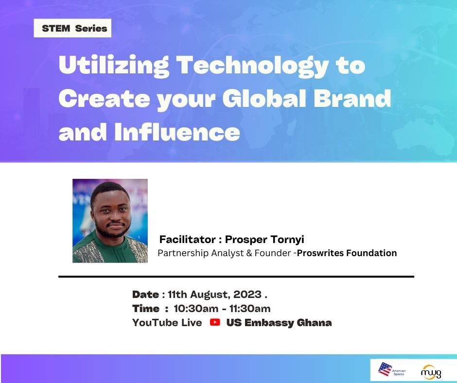 ProsperTornyi's tweet photo. I’m thrilled to share that I’ll be facilitating a #STEMSeries on the topic: Utilizing Technology to create your global brand and influence on Friday at 10:30AM GMT.
Hosted on YouTube: US Embassy Ghana by American Corner, Agbogba.
As a trained Electrical Engineer working in interest areas : public policy, non-profit management, youth engagement, entrepreneurship, higher education, community, partnerships with organizations, I believe in the power of utilizing technology to develop and create an equitable world to advance education, healthcare, financing and job creation.
#Retweet
#STEMSeries
#Policy
#Innovation
@USEmbassyGhana