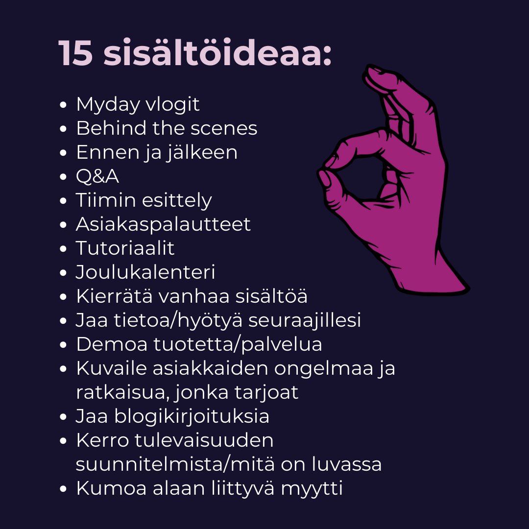 Tässä pientä helpotusta arkeen paluuseen sisältöideoiden muodossa. 👏🏼 Nappaa näistä mieluisimmat ja toteuta video-, kuva- tai tekstimuodossa käytössäsi oleviin kanaviin!   

Jos haluat suurempaa helpotusta työpäiviin, delegoi hommat meille. 😎💪🏼  #wannado #markkinointi