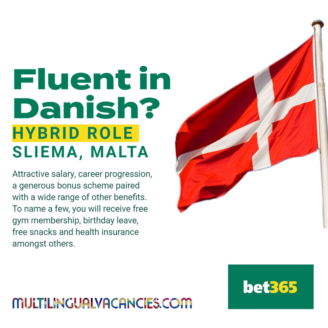 LanguageJobs's tweet photo. #Danish speakers required for roles at bet365 in #Malta. Great benefits and career progression https://t.co/8BVjkmLCbu https://t.co/K0iAzIbWyD