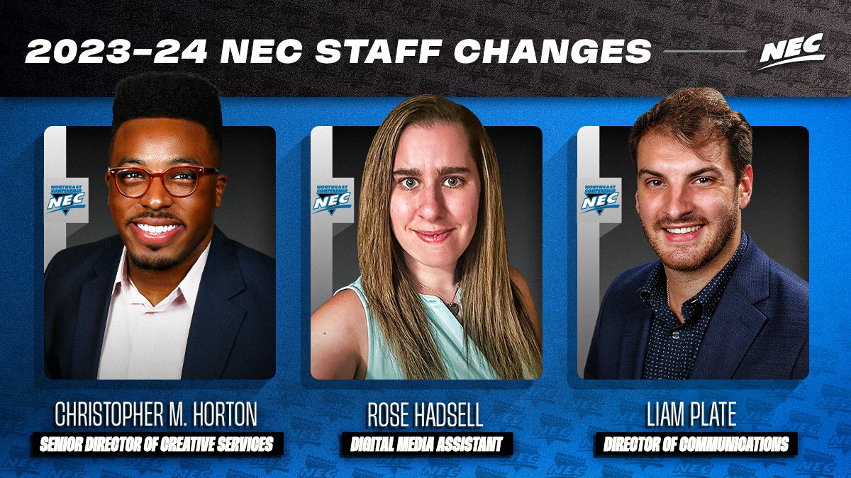 NECsports's tweet photo. 🚨 NEC STAFF CHANGES 🚨

In addition to promoting Chris Horton (our extremely talented graphic designer), the NEC has added two All-Stars to the Media Team lineup in Liam Plate &amp; Rose Hadsell.✨

Congratulations to Chris, Liam &amp; Rose! 👏

𝚁𝙴𝙰𝙳🔗: https://t.co/8cKxR5TKrw https://t.co/na7DXdB9Bv